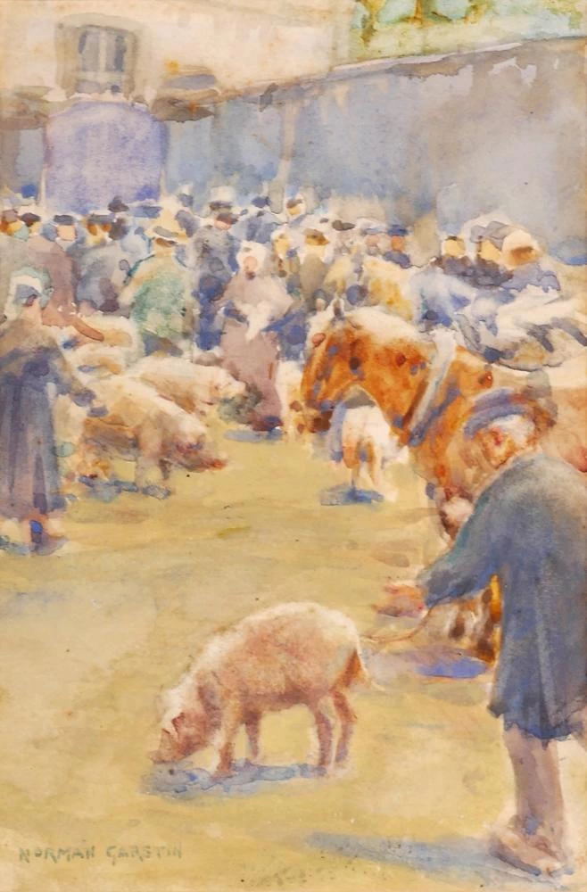 Scena di fiera con bovini e maiali